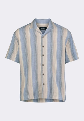 Salaman Men's Short-Sleeve Striped Camp Shirt, Moonlight Blue - BM24556 Fall Fashion Shimmer Effect