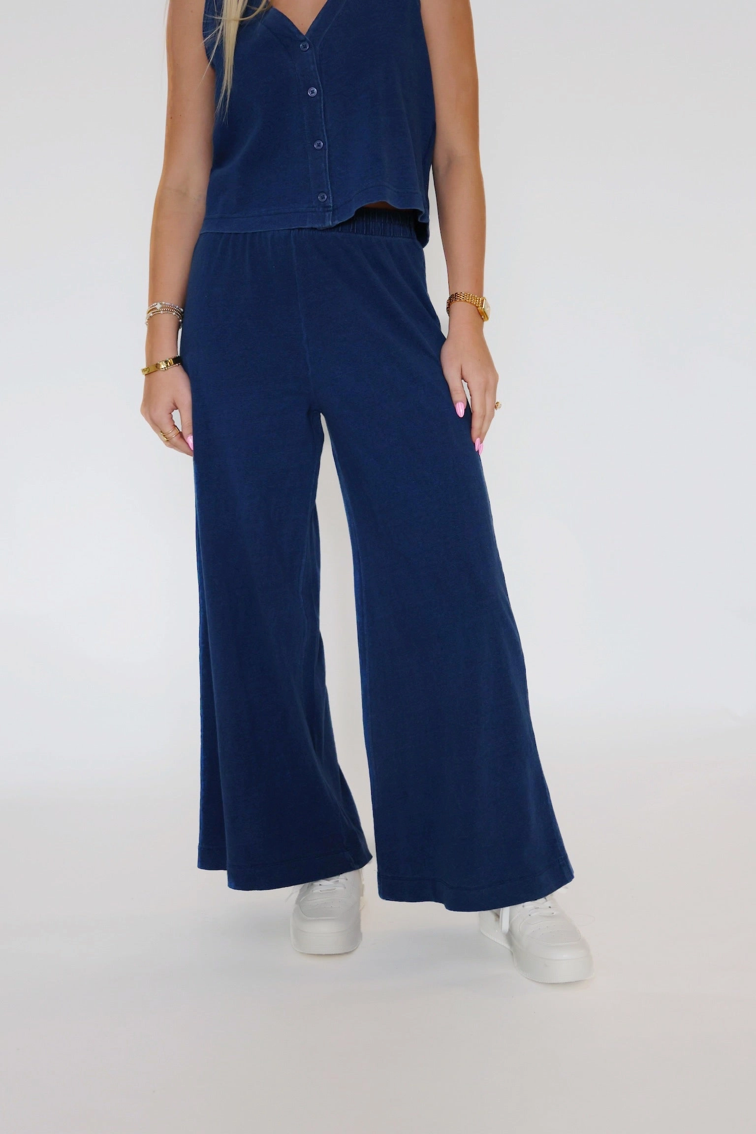 Bold Waistband Office Friendly Scout Jersey Denim Pant- Indigo