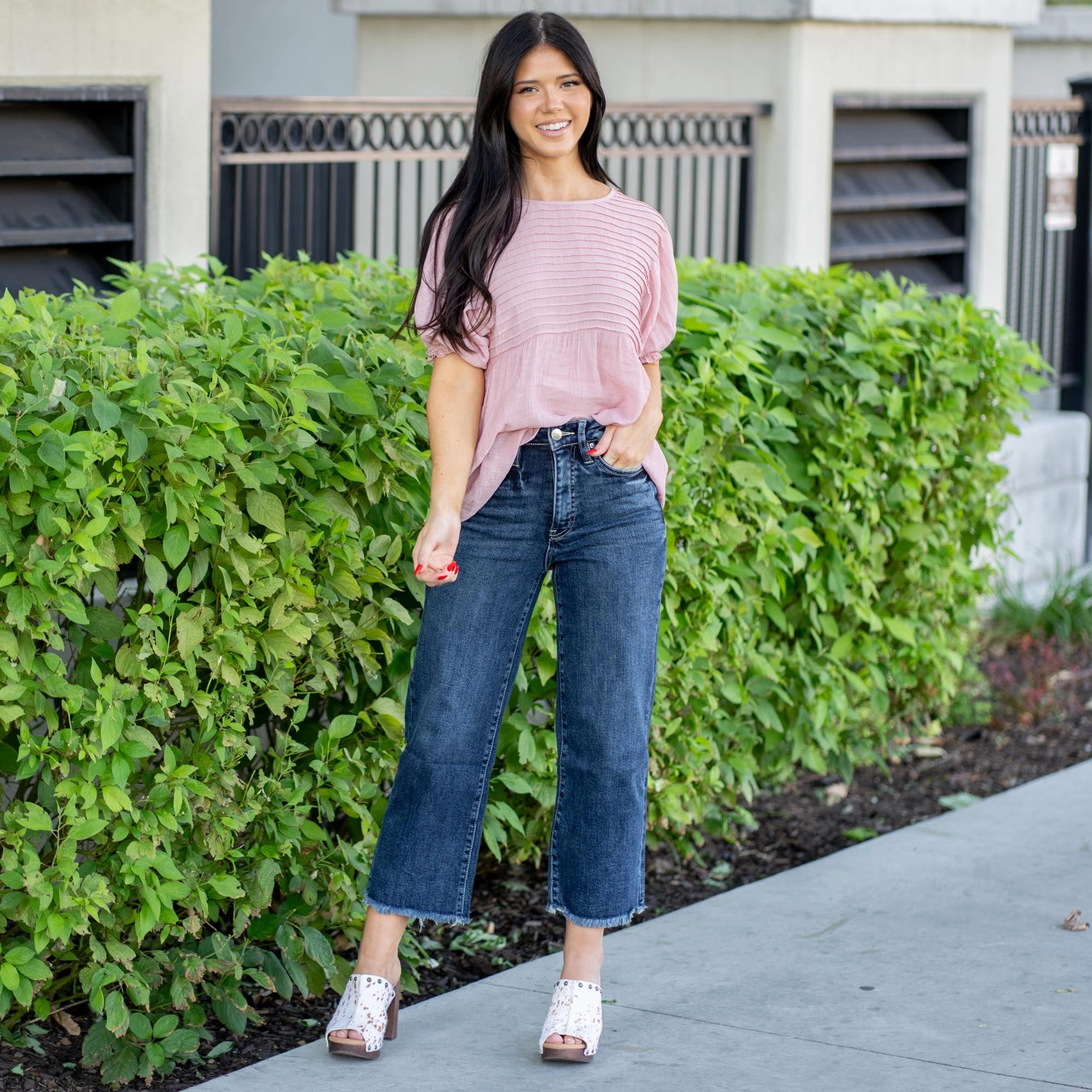 Daily Fashion RFM Tummy Control Top Chloe High Rise Wide Leg Cropped Frayed Jeans Dark Blue Wash