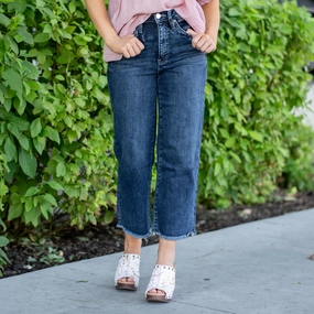 RFM Tummy Control Top Chloe High Rise Wide Leg Cropped Frayed Jeans Dark Blue Wash Everyday Look