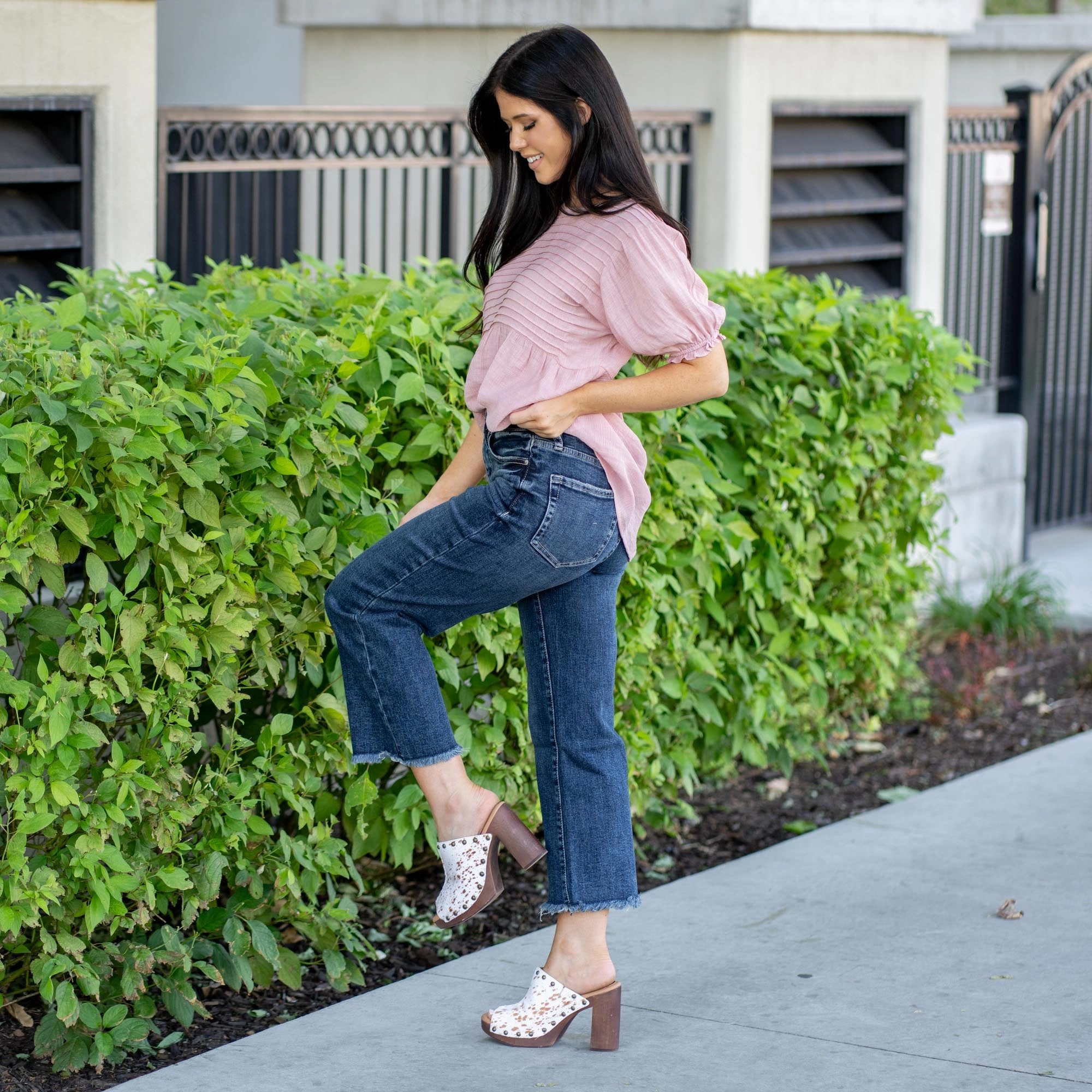 Simple Utility Modern Attire RFM Tummy Control Top Chloe High Rise Wide Leg Cropped Frayed Jeans Dark Blue Wash