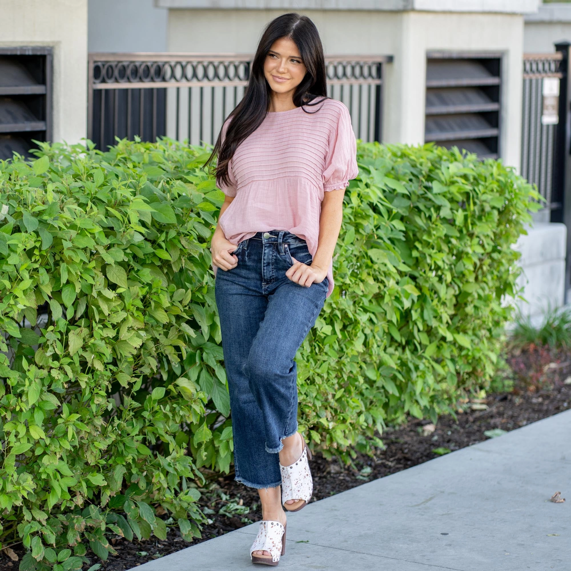 Elegant Minimalist Outdoor Adventure RFM Tummy Control Top Chloe High Rise Wide Leg Cropped Frayed Jeans Dark Blue Wash