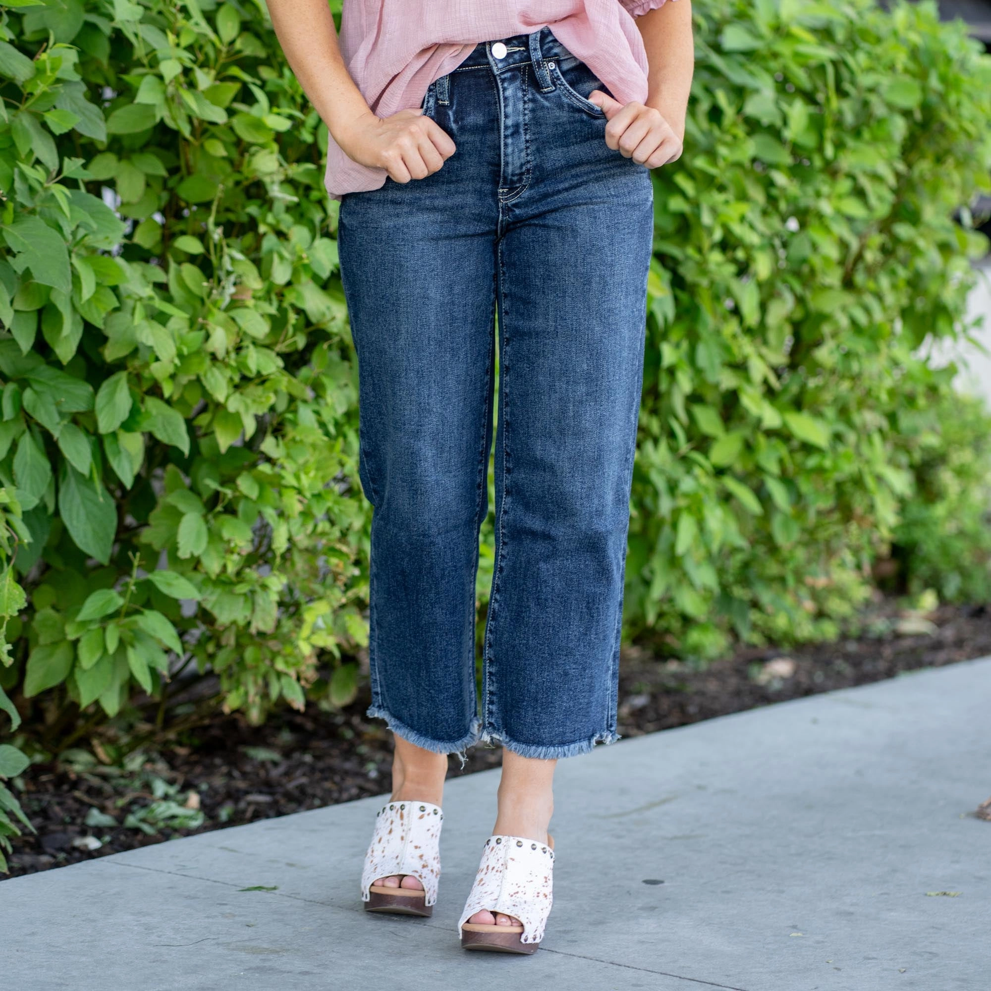 RFM Tummy Control Top Chloe High Rise Wide Leg Cropped Frayed Jeans Dark Blue Wash Everyday Look