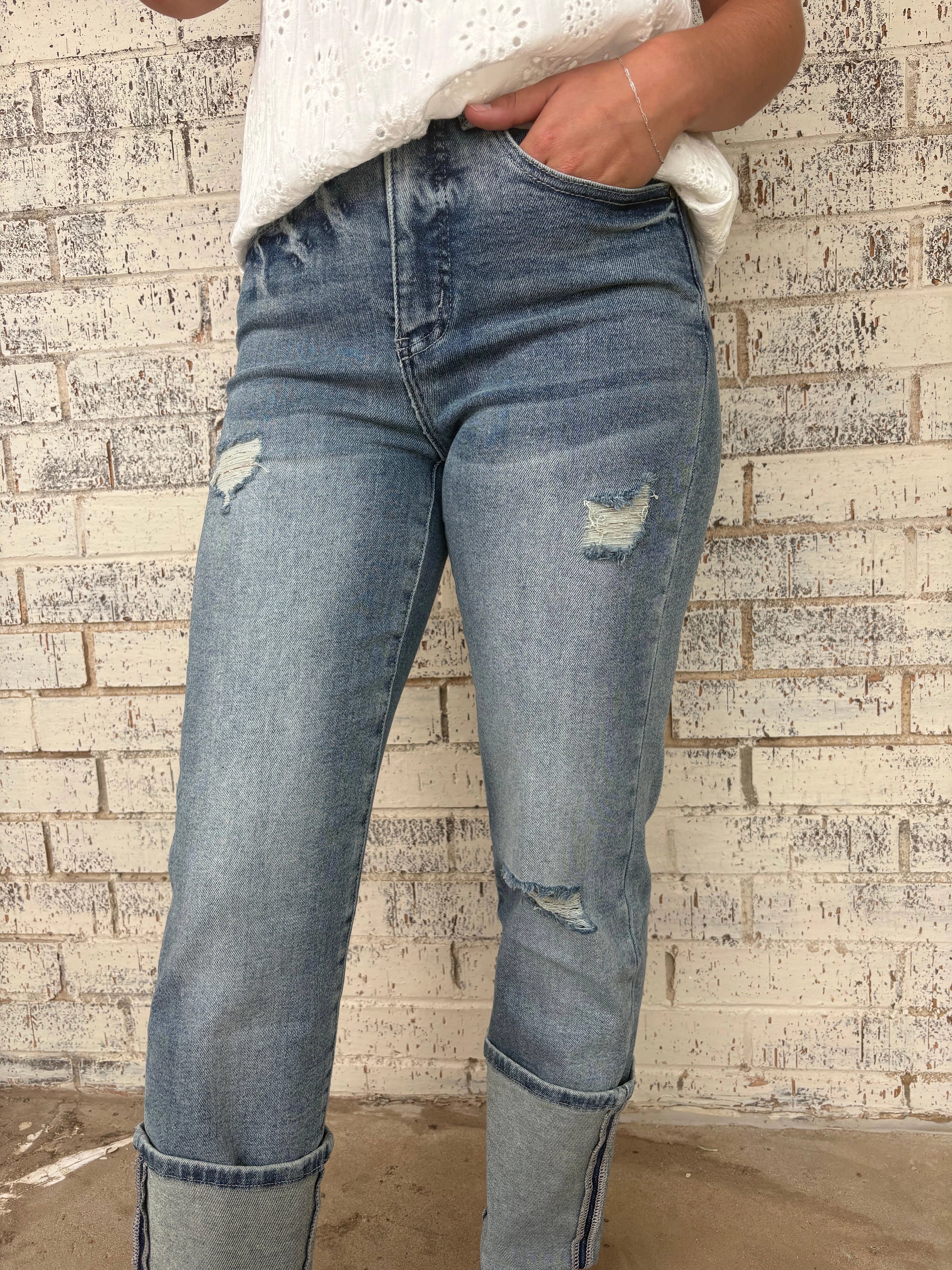 Vintage Stone Wash High Rise Distressed Cuffed Boyfriend Jeans Stain Resistant Weave Flattering Look