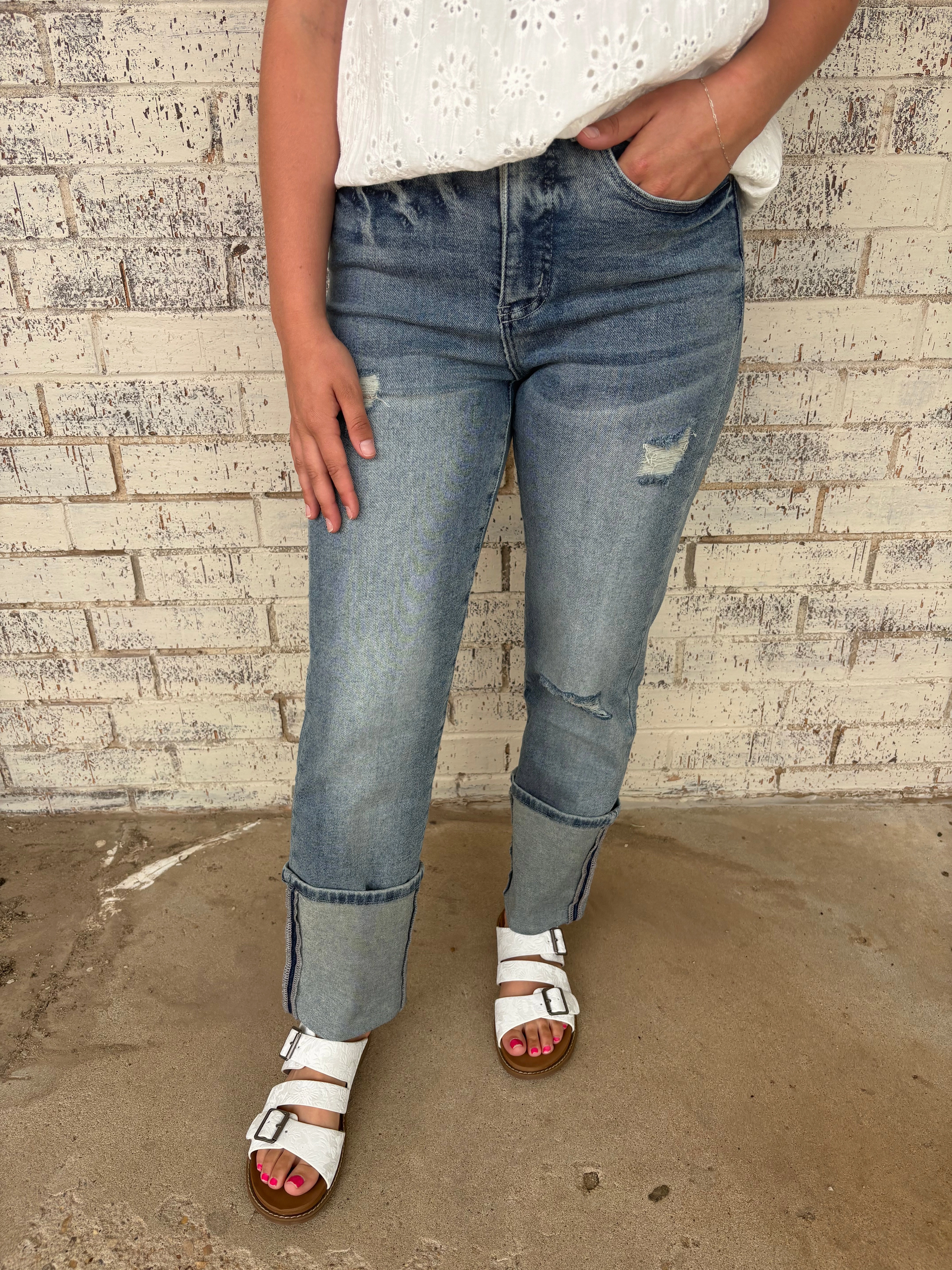 Light and Cozy Vintage Stone Wash High Rise Distressed Cuffed Boyfriend Jeans