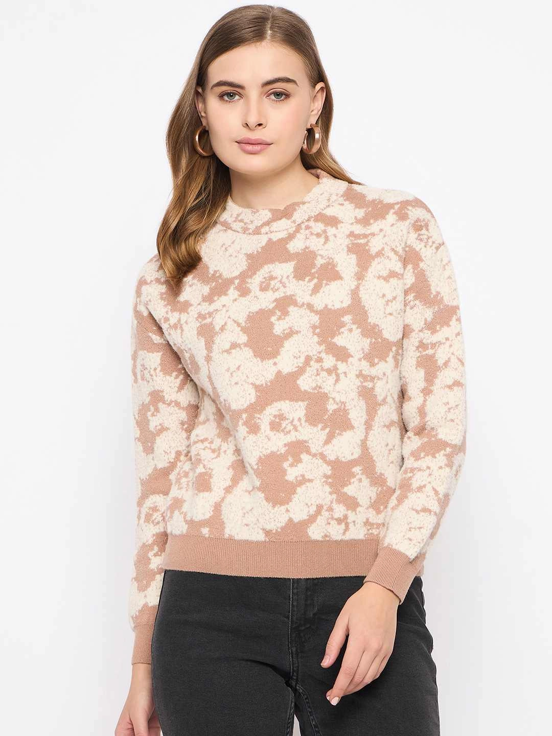 Warm and Fashionable Madame Printed Crew Neck Beige Sweater