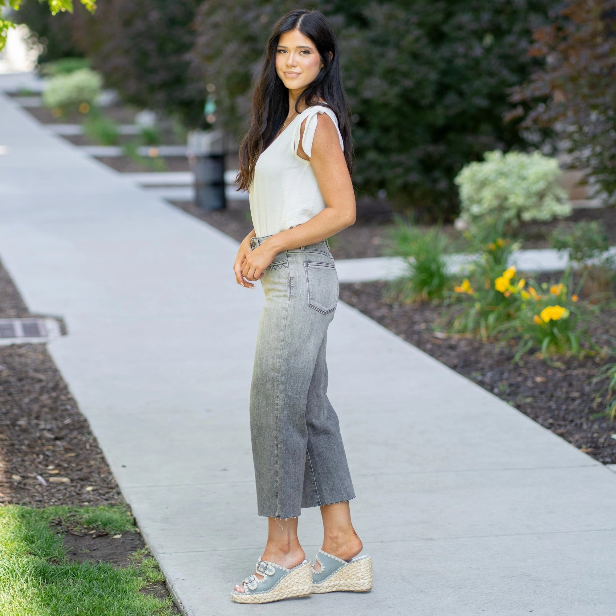 Moonstone Embroidered Crop Wide Jean Leg Regular & Plus Sizes Active Lifestyle