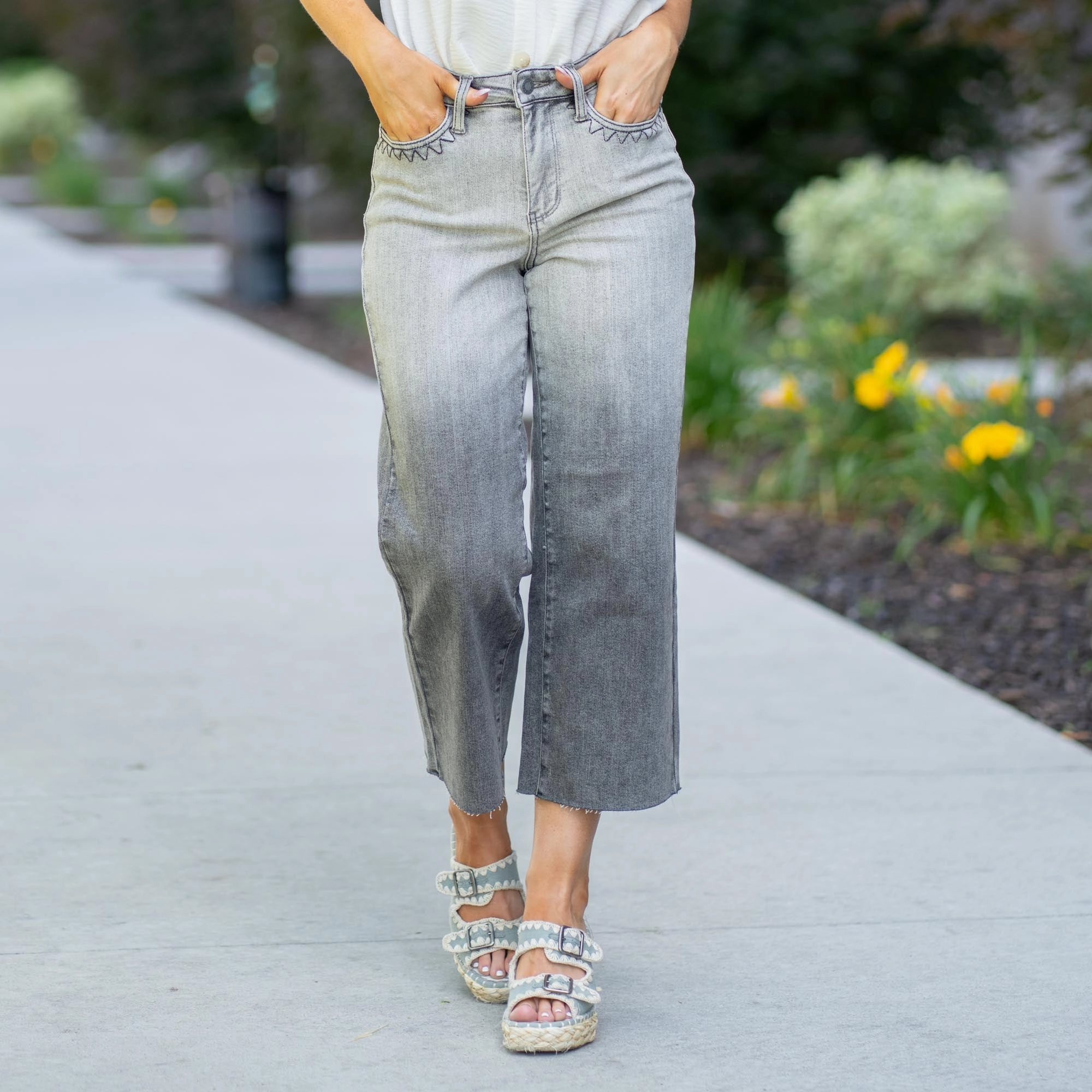 Moonstone Embroidered Crop Wide Jean Leg Regular & Plus Sizes Simple Detail Casual Style