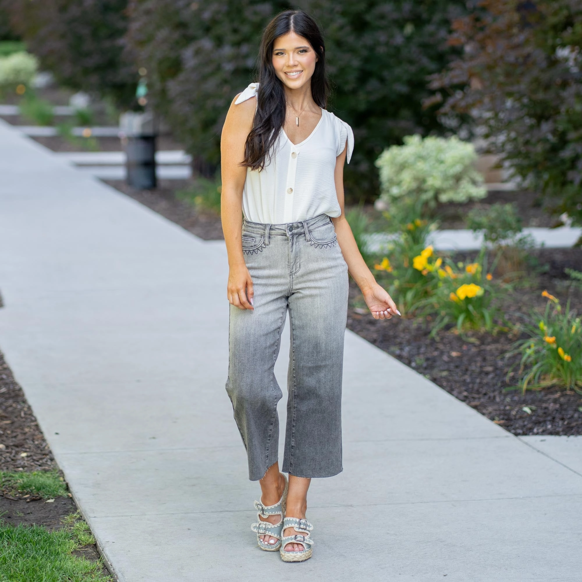 Moonstone Embroidered Crop Wide Jean Leg Regular & Plus Sizes Office Casual Quick Outfit