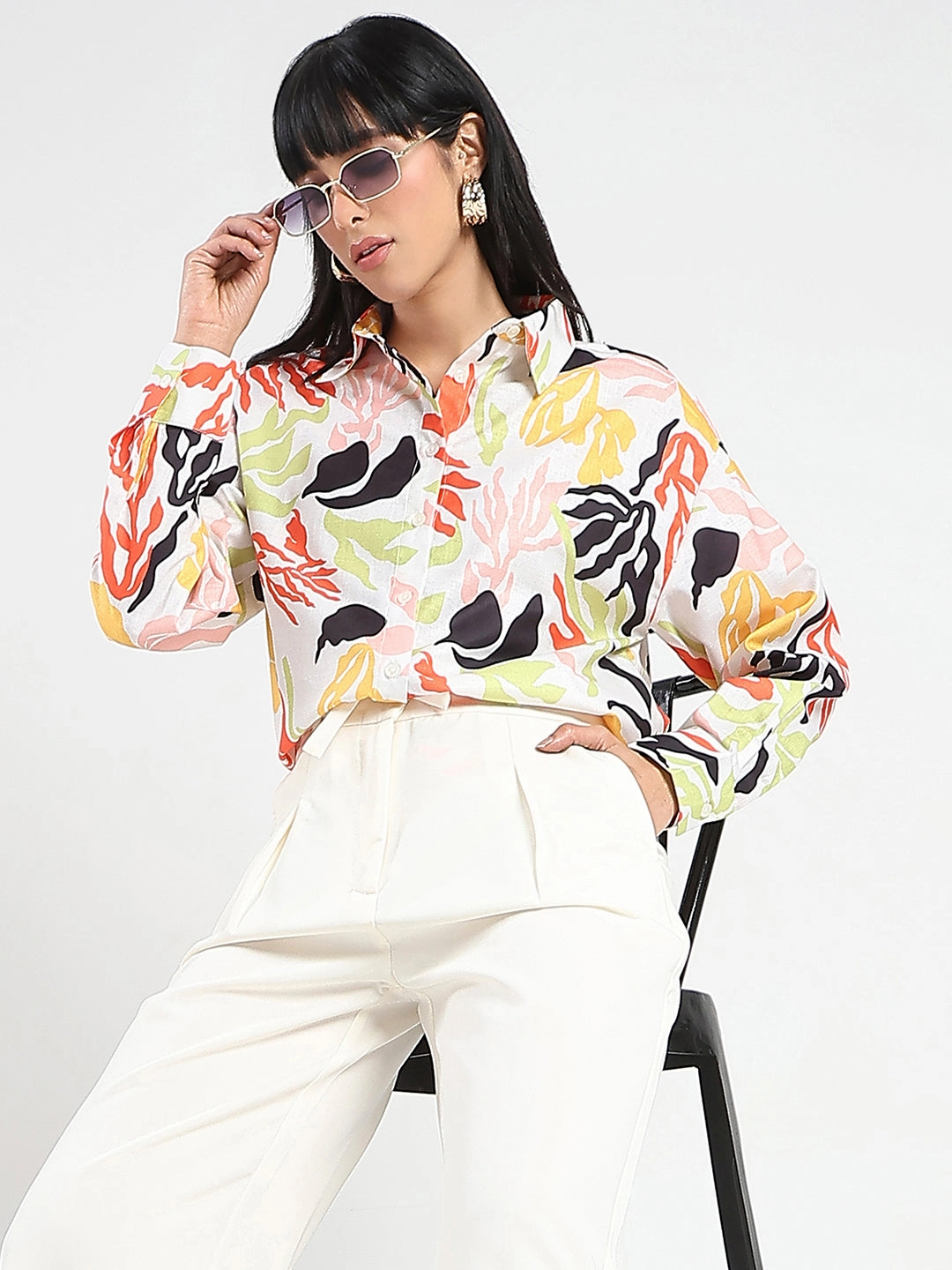 Brushed Inner Lining Thermal Regulation Fabric Madame Abstract Print Buttoned Off White Linen Shirt