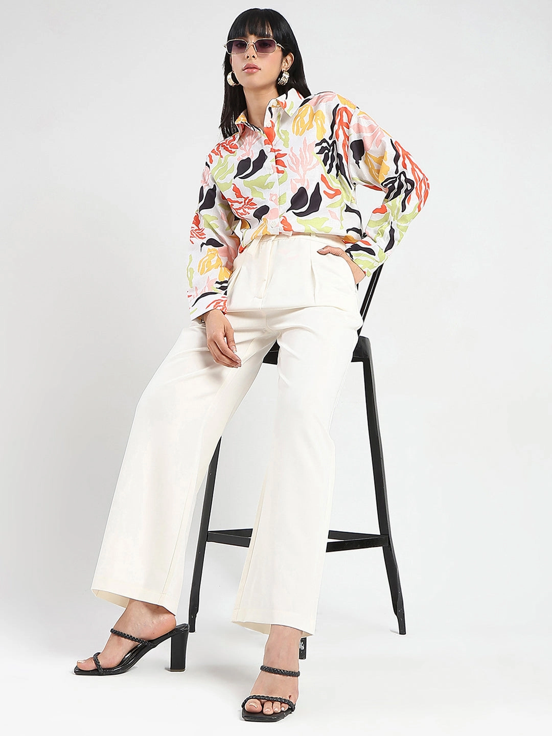 hypoallergenic material Minimalist Style Madame Abstract Print Buttoned Off White Linen Shirt