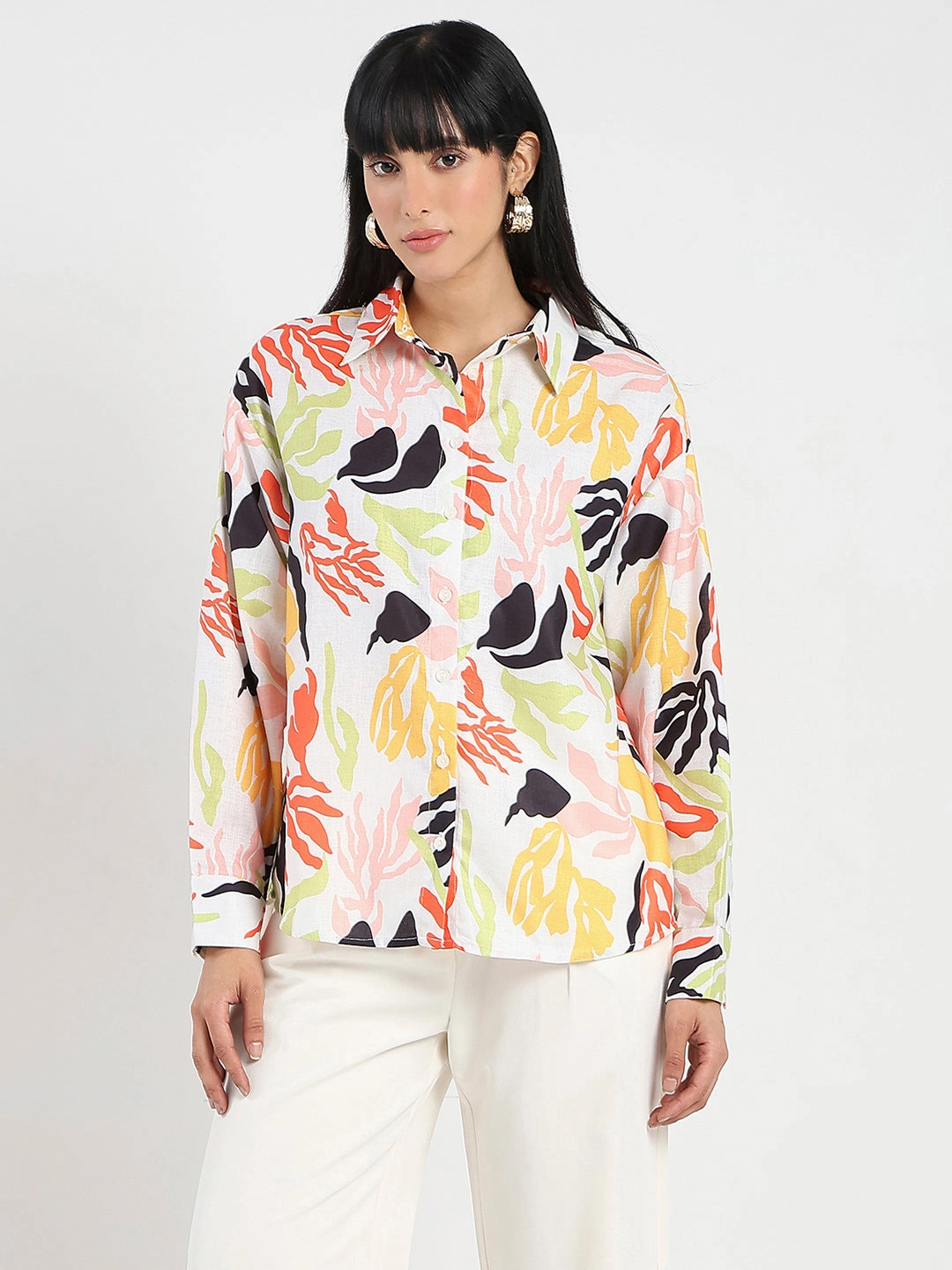 Madame Abstract Print Buttoned Off White Linen Shirt Vibrant Colors Year-Round Favorite