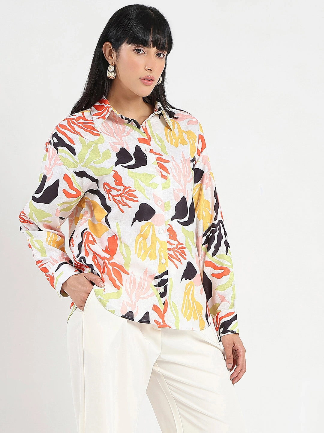 Flexible Wear hypoallergenic Madame Abstract Print Buttoned Off White Linen Shirt