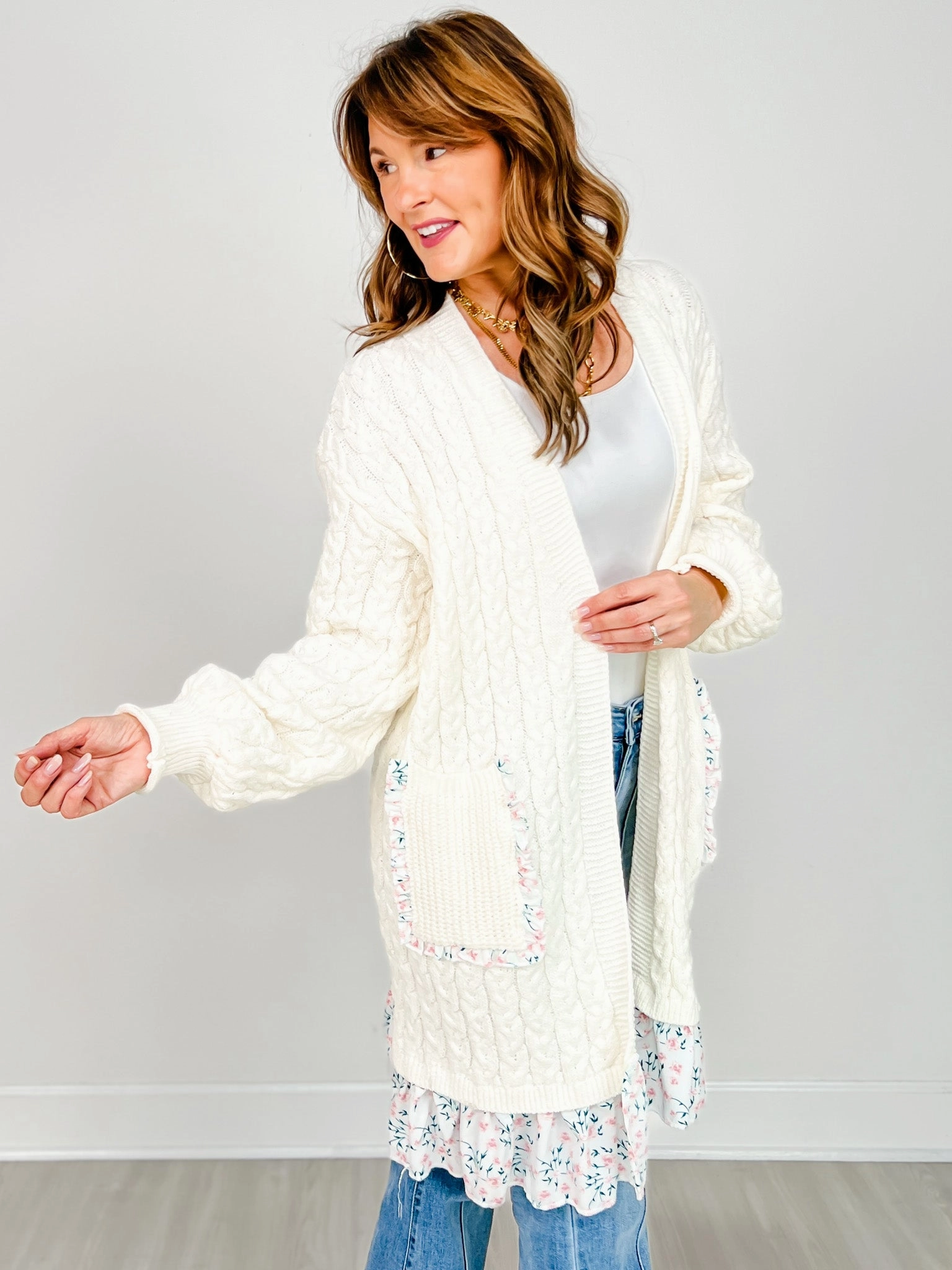 Cozy Everyday Wear Balloon Sleeve Relaxed Fit Open Front Cardigan