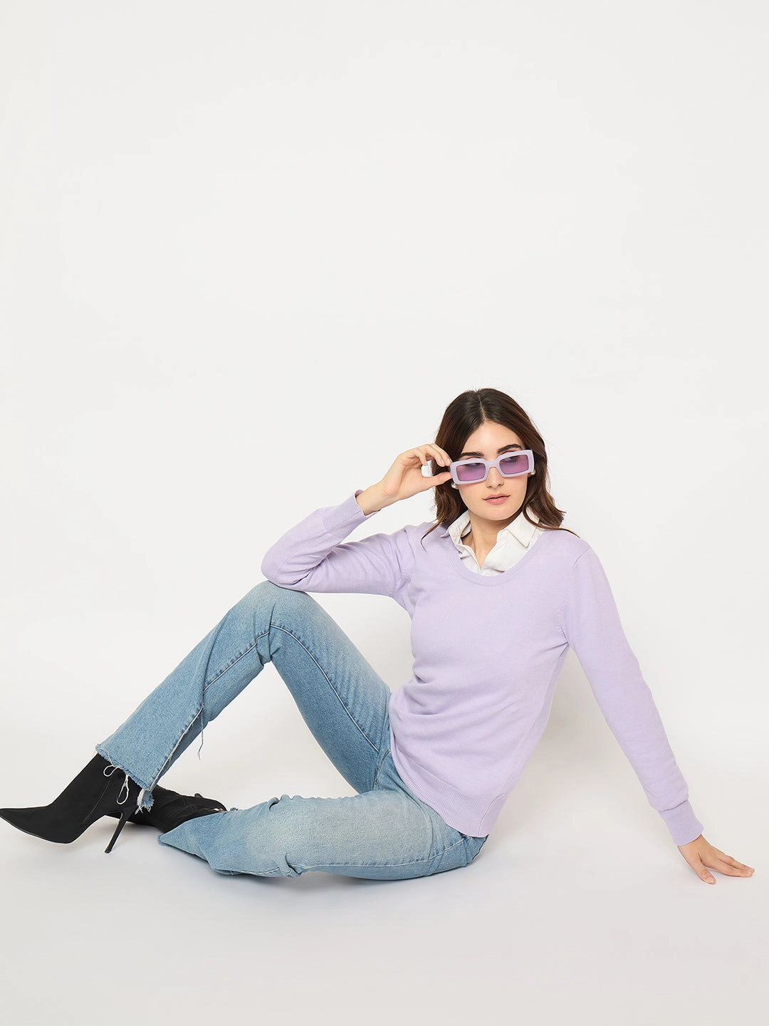 Functional Style Madame Round Neck Ribbed Cuff Mauve Sweater