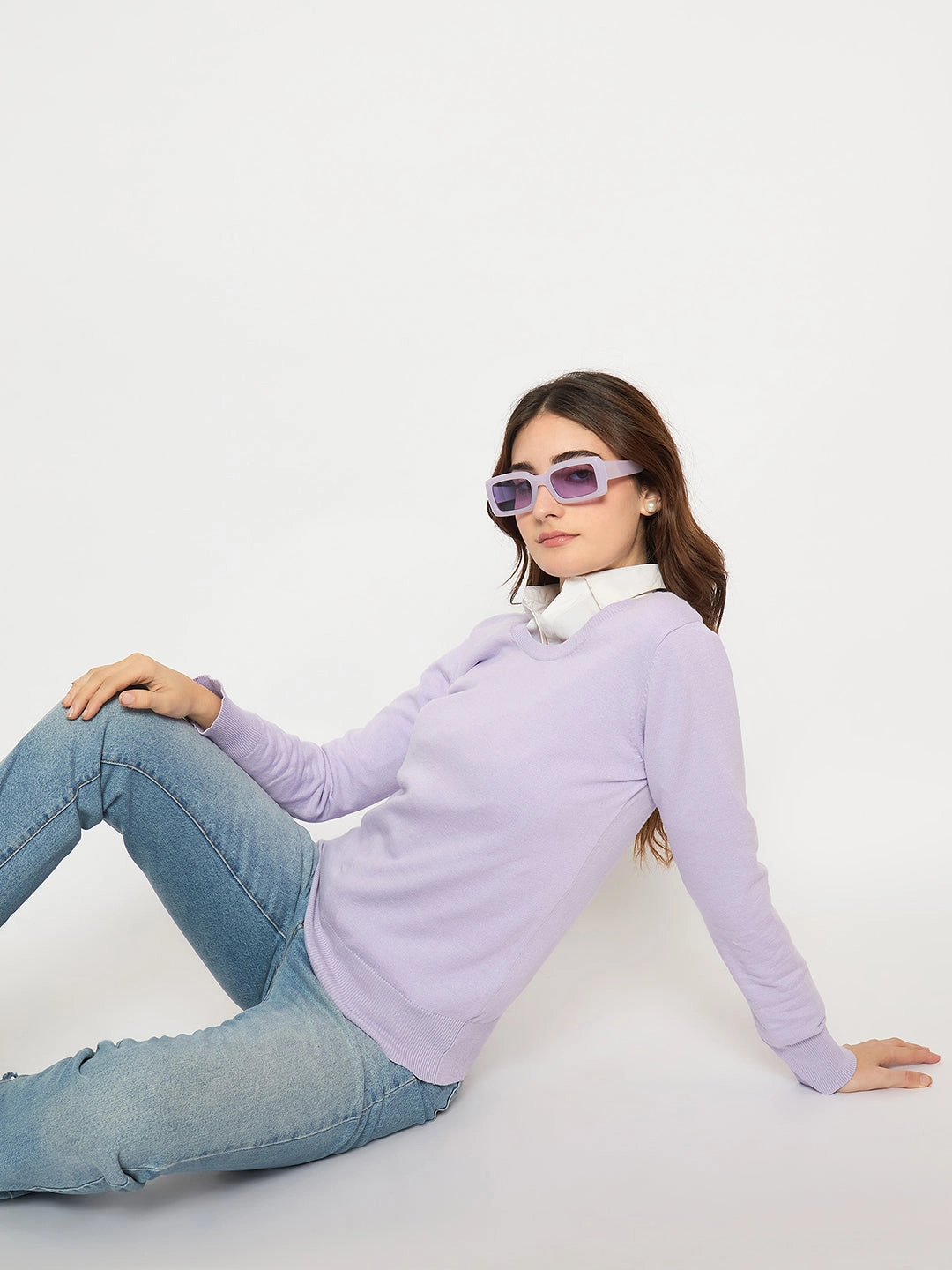 Madame Round Neck Ribbed Cuff Mauve Sweater Reinforced Edging