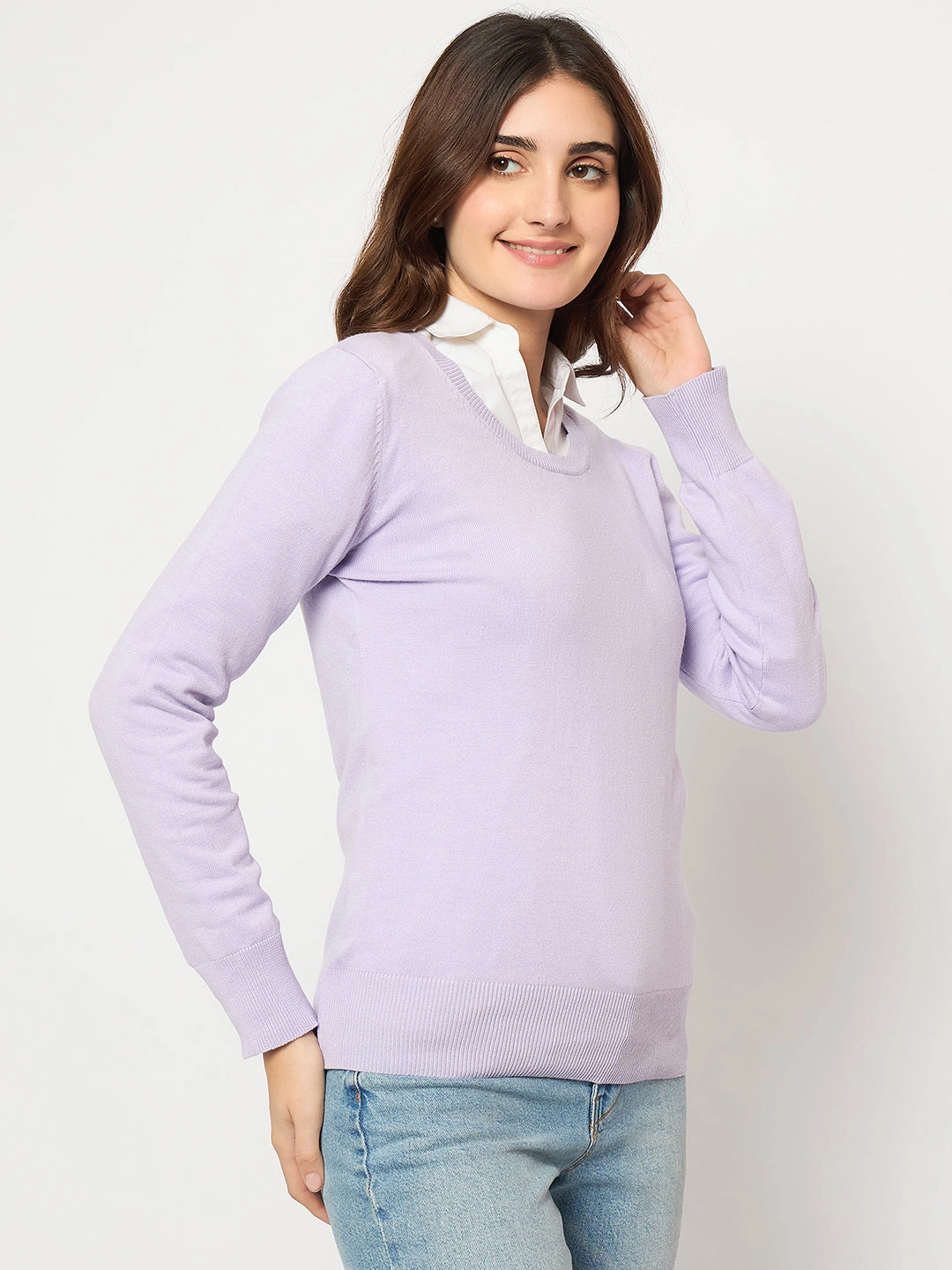 Reinforced Shoulder Design Madame Round Neck Ribbed Cuff Mauve Sweater