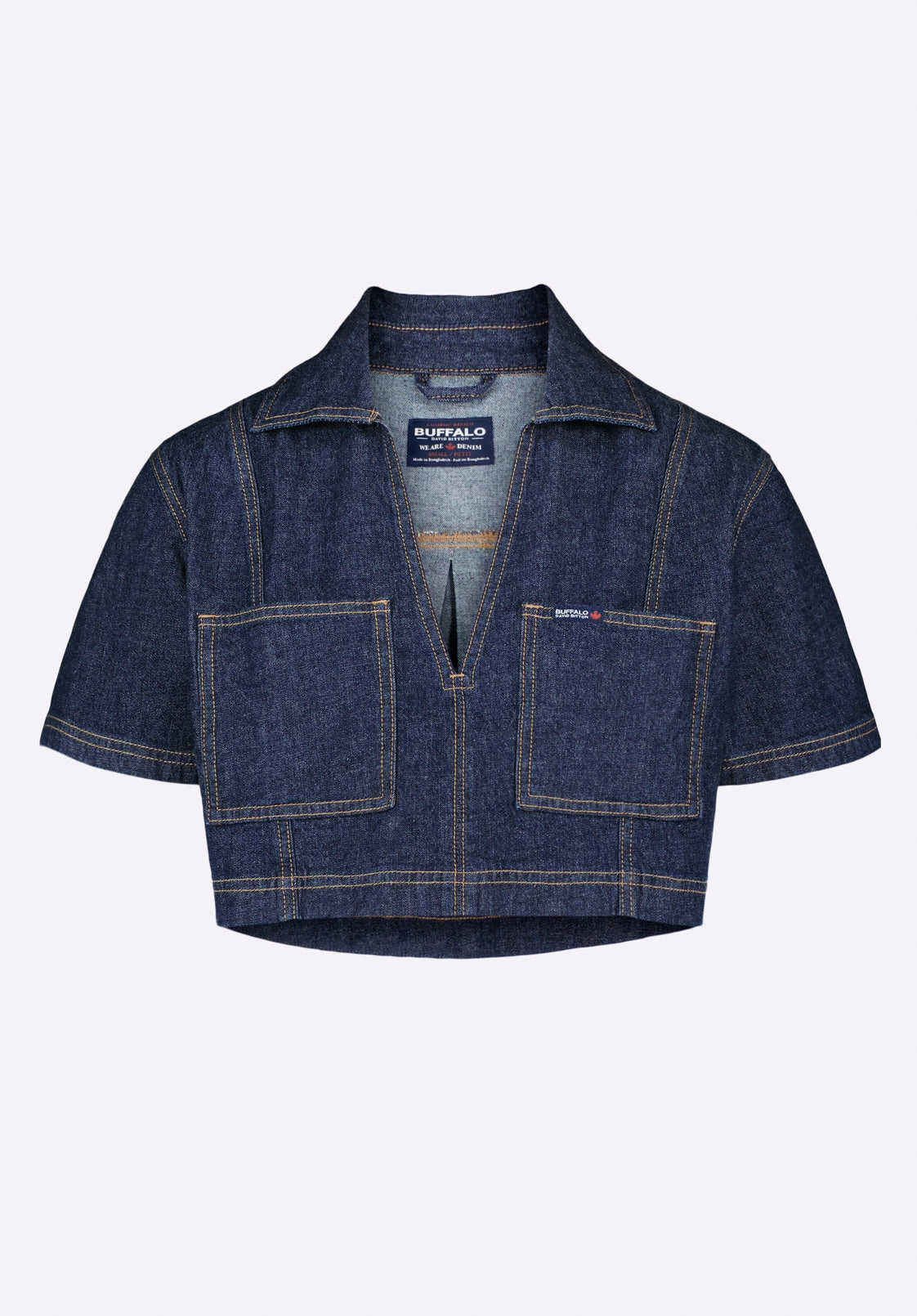 Flexible Placket Structure Year-Round Favorite Selena Women's Denim Cropped Top with Patch Pockets, Indigo - BL16016