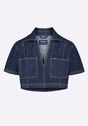 Vintage Style On-The-Go Style Selena Women's Denim Cropped Top with Patch Pockets, Indigo - BL16016