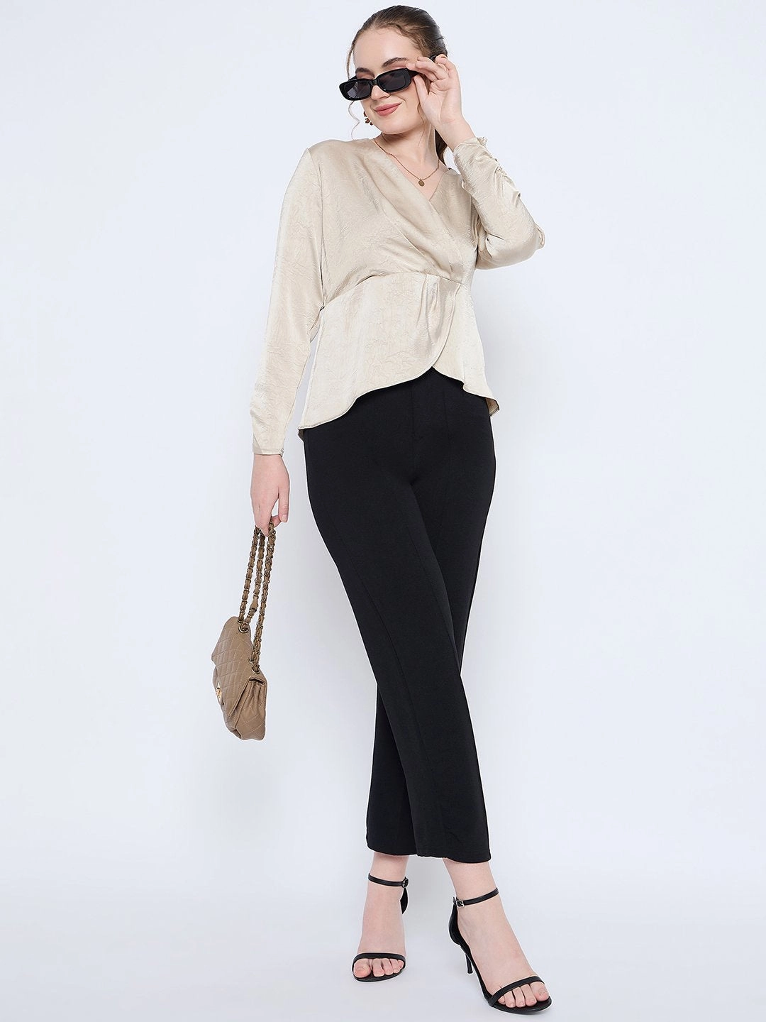 Ribbed Neckline Madame Wrap Detailed V neck Full Sleeve Beige Peplum Top