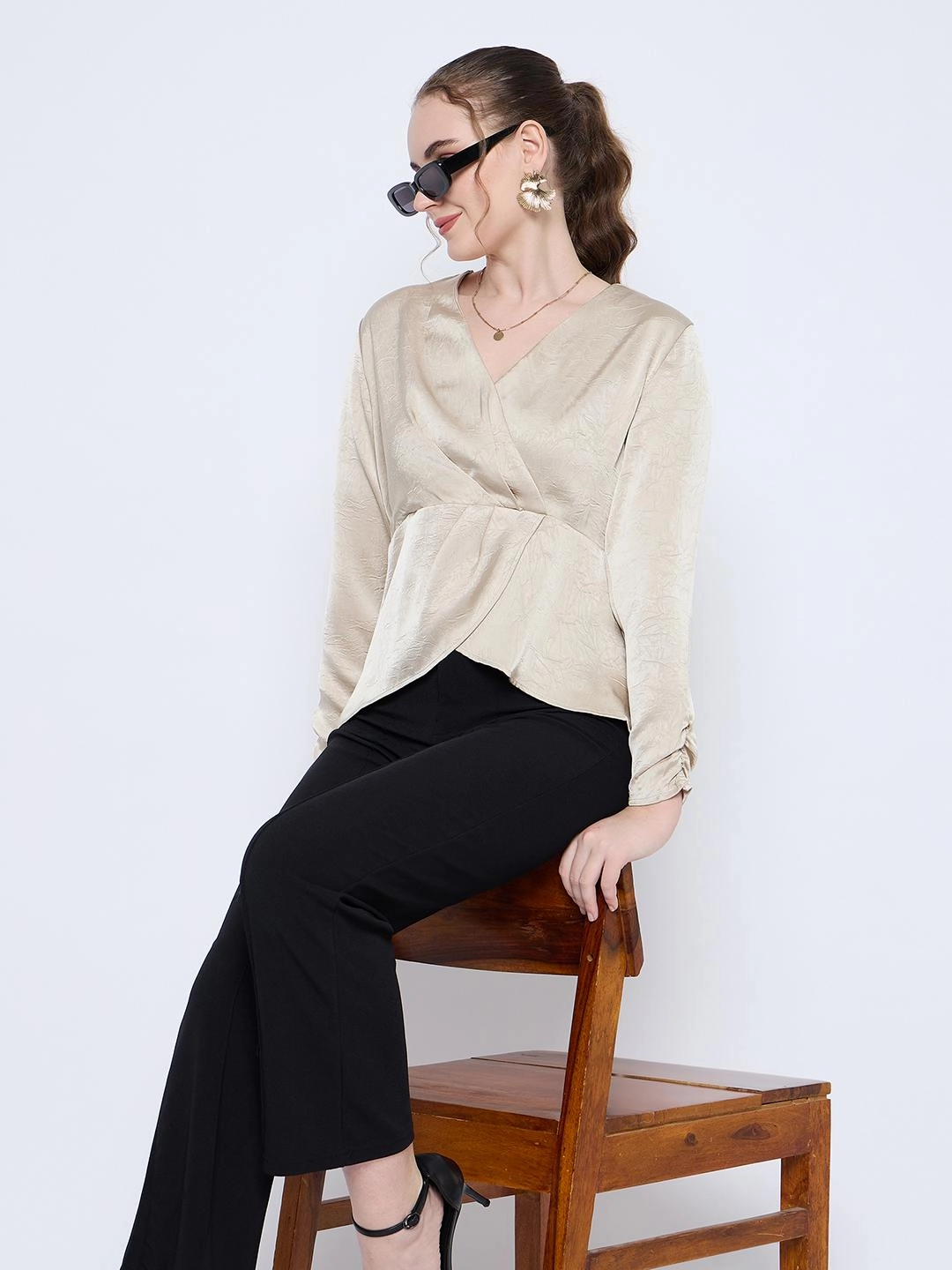 Madame Wrap Detailed V neck Full Sleeve Beige Peplum Top AntiStaticTreatment