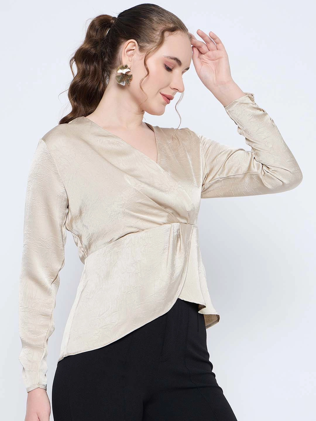 Madame Wrap Detailed V neck Full Sleeve Beige Peplum Top Durable Reinforced Hem