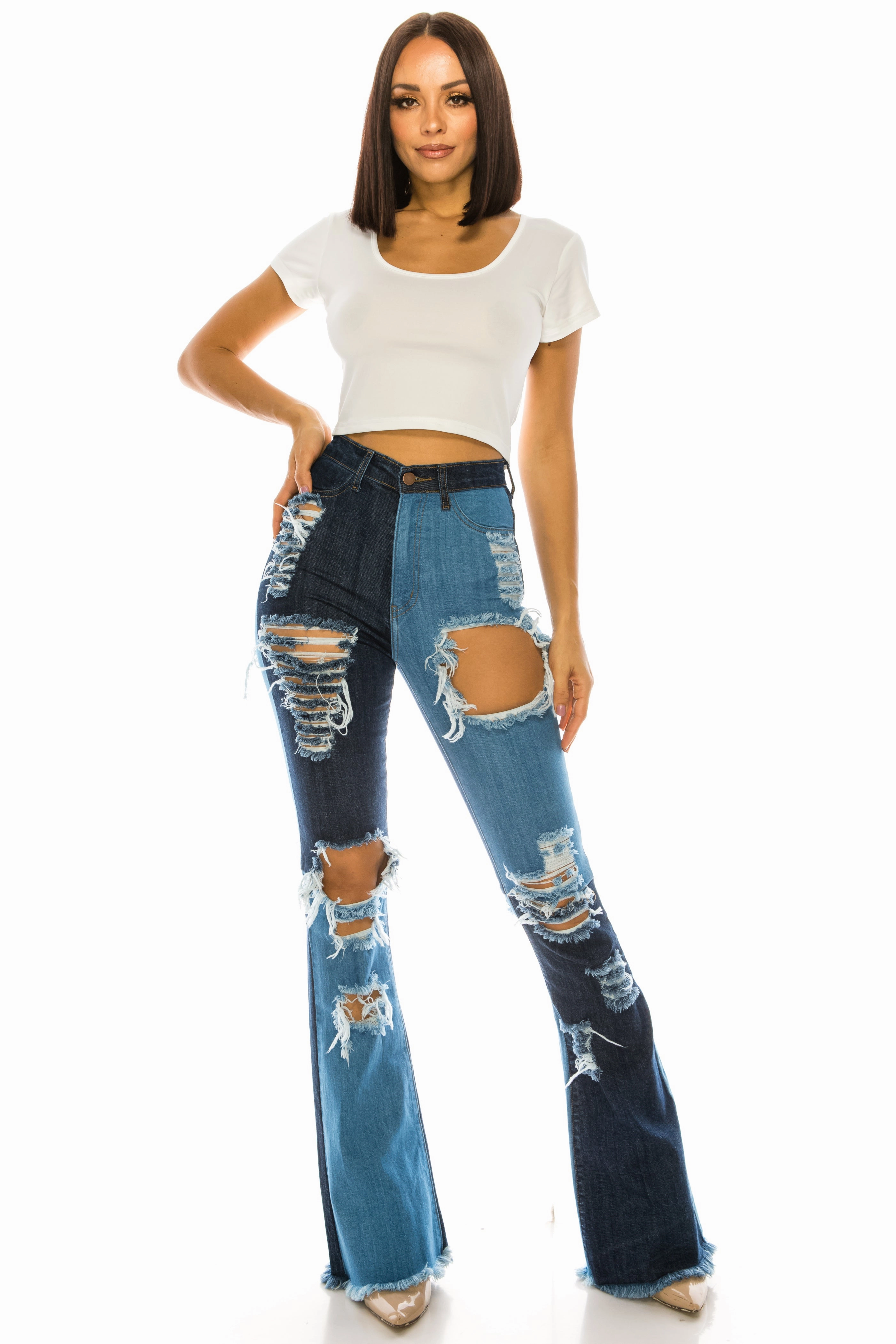 2132 Women's High Waisted Distressed Flare Jeans with Alternating Shade Weekend Getaway Luxury Beach Day Neutral Tones