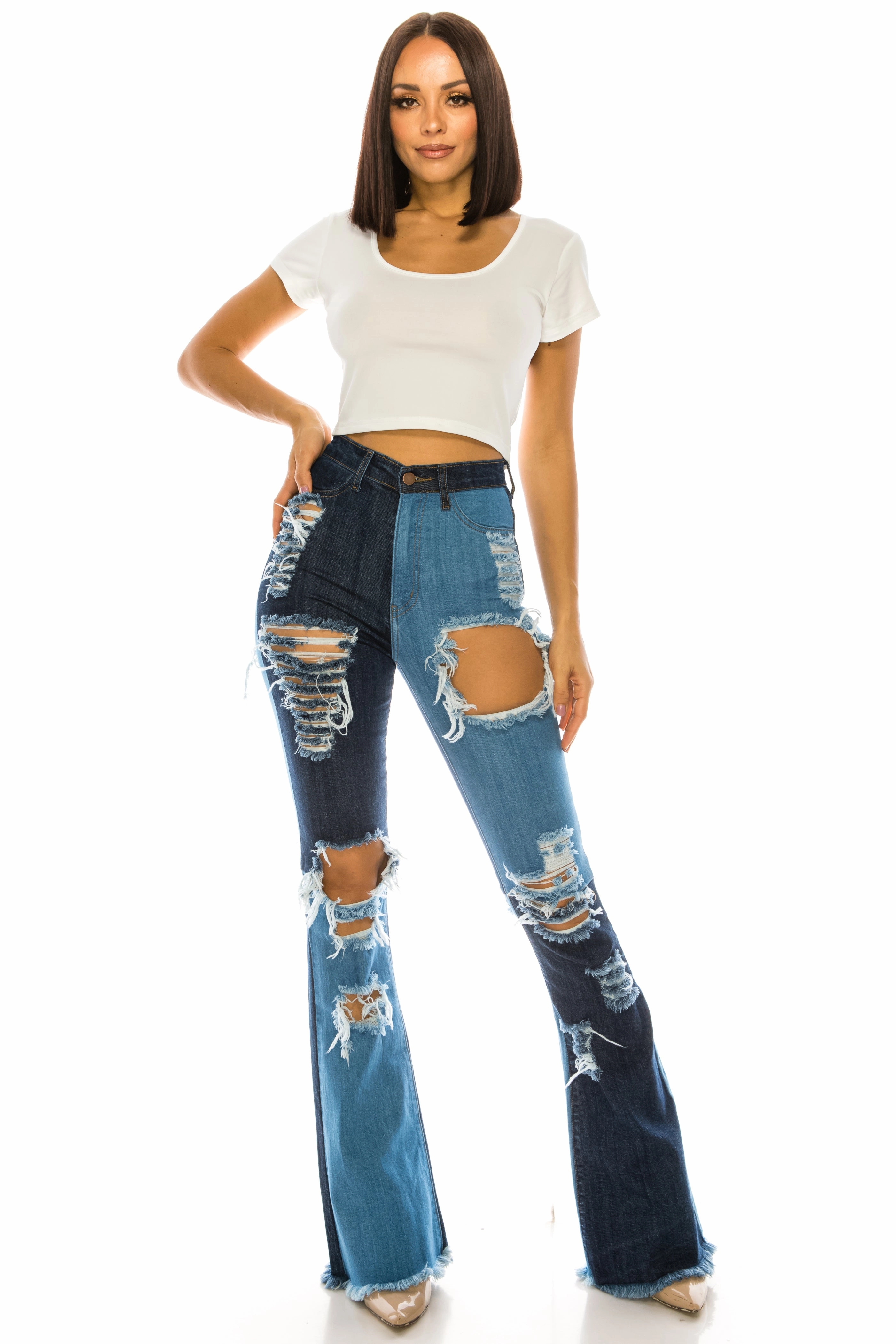 2132 Women's High Waisted Distressed Flare Jeans with Alternating Shade Minimalist Styling Cool Essential