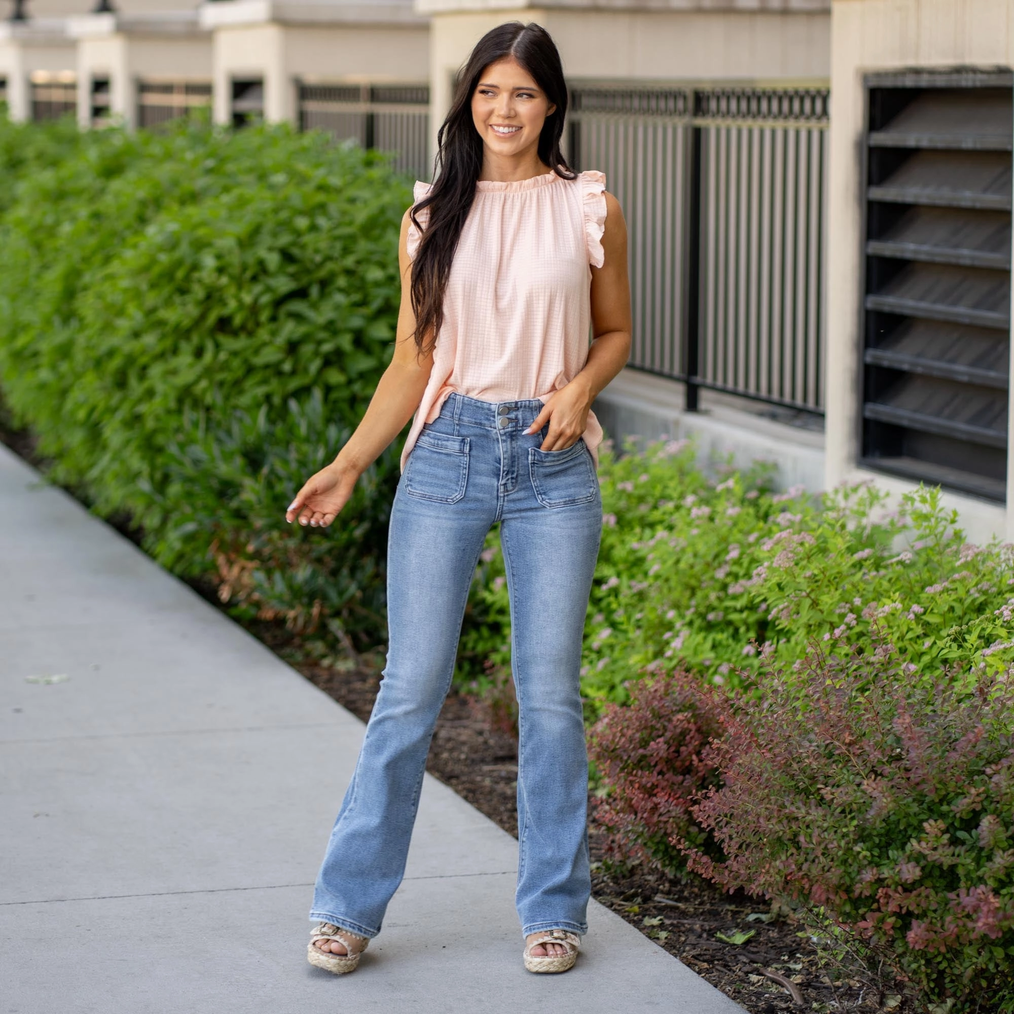 Classic Gym Ready Guiltless High Rise Front Pocket W Dart Detail Flare Jeans