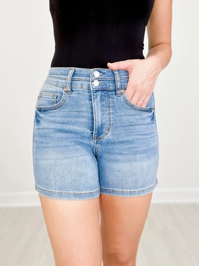 Judy Blue WILD CARD High Waist Tummy Control Double Waistband Jean Shorts Stay Stylish Fashionable Waist
