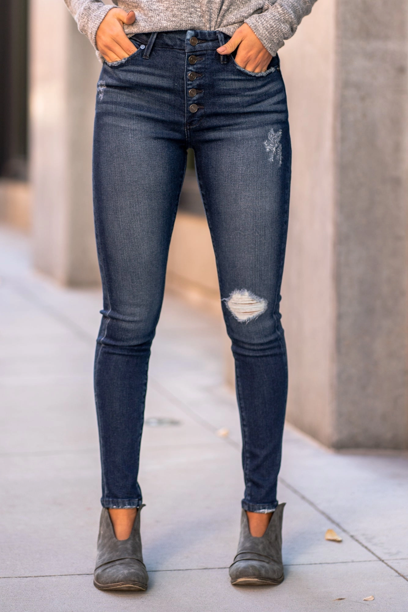 Tailored Appearance Everyday Motion KanCan Castine Curvy High Rise Button Fly Skinny Jeans Dark Blue Wash