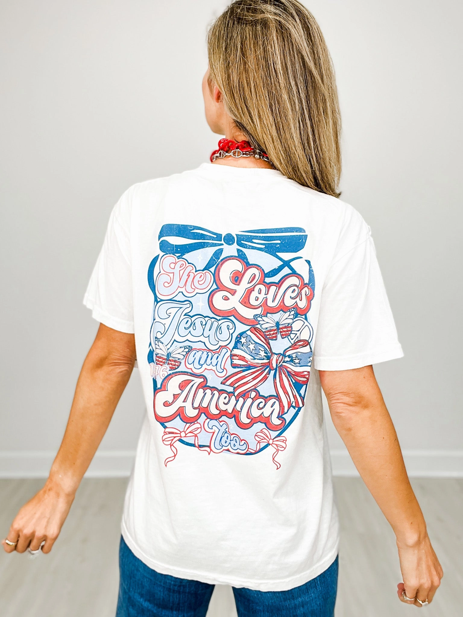 Sport Top She Loves Jesus and America Too Graphic Tee