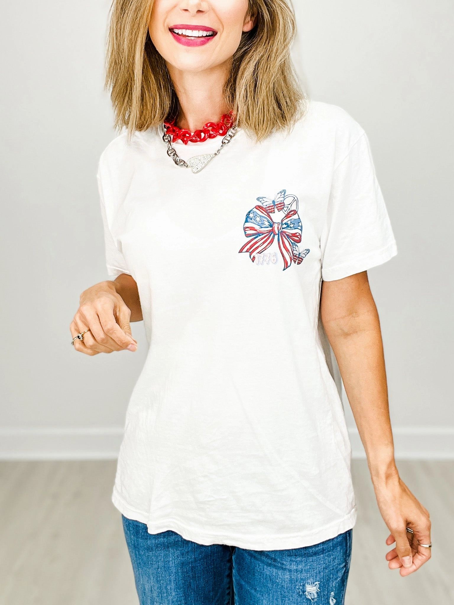 She Loves Jesus and America Too Graphic Tee EcoCertified NonRestrictiveSilhouette