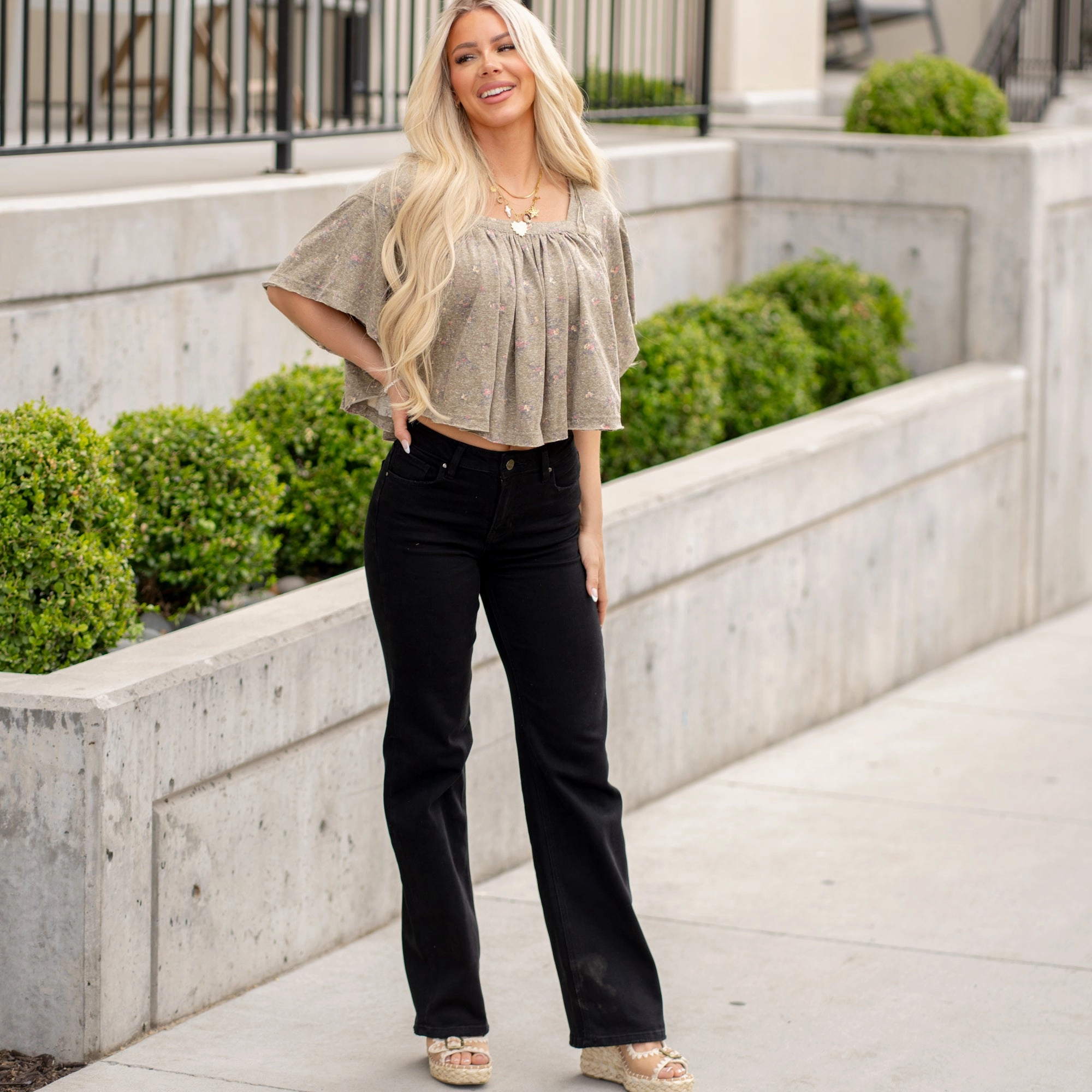 Current Style Shirred Crop Jersey Knit Top - Lt Olive