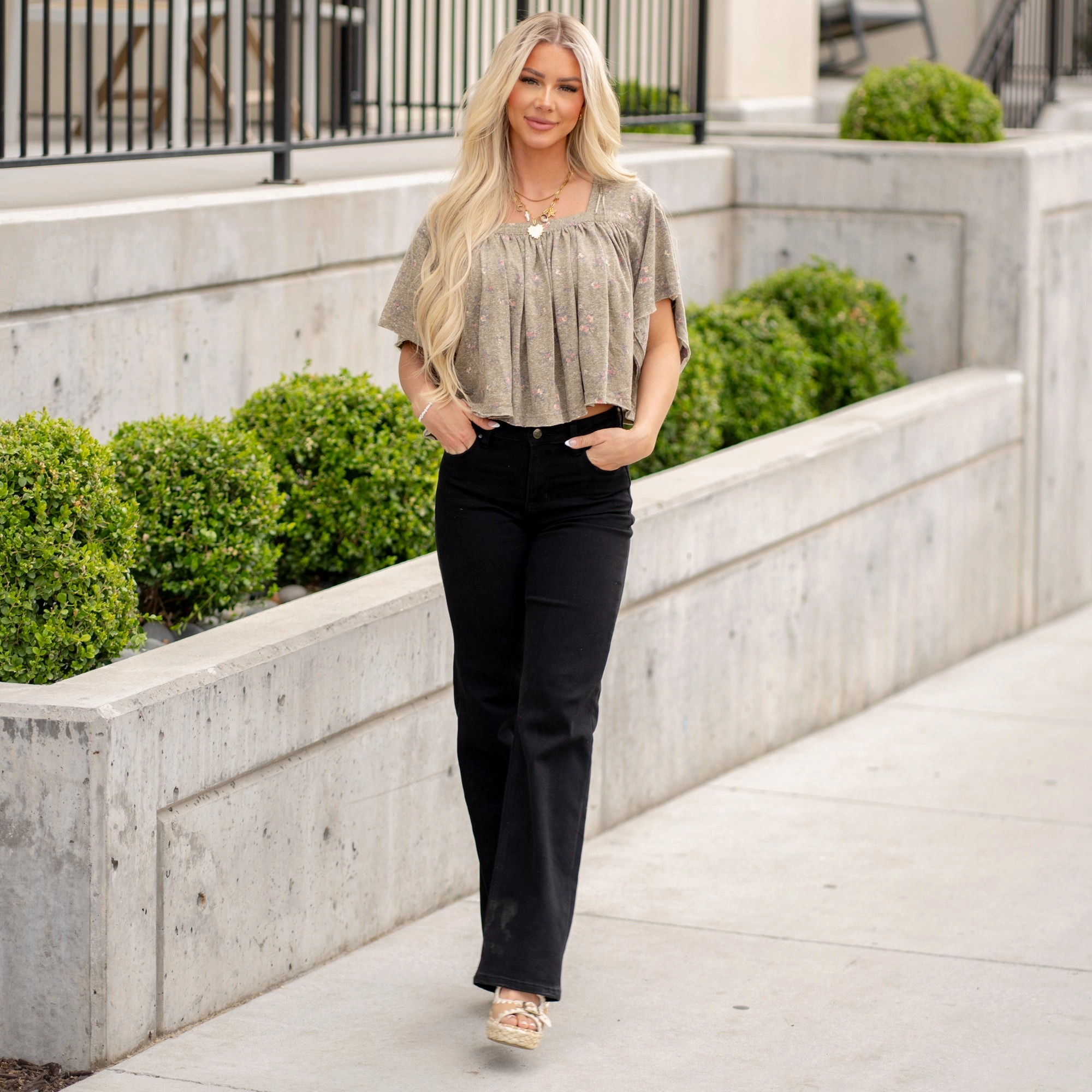 Shirred Crop Jersey Knit Top - Lt Olive youth trend Abrasion Resistant Edging