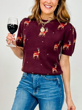 Light Knit Smart Wear Short Puff Sleeve Sweater with Reindeer Pattern
