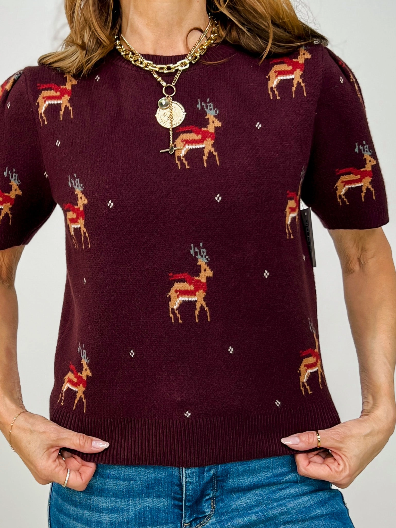 Short Puff Sleeve Sweater with Reindeer Pattern Relaxed Layers Lightweight Style