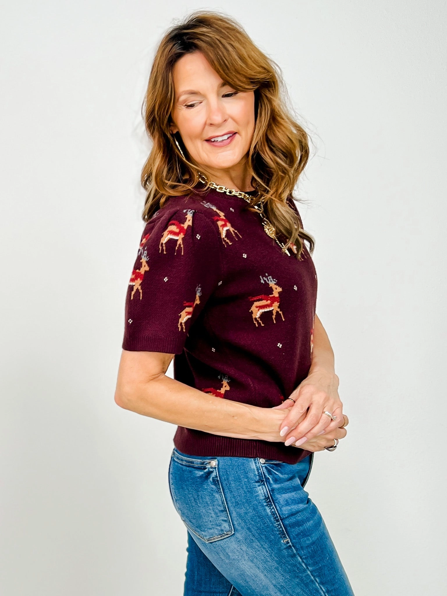 Short Puff Sleeve Sweater with Reindeer Pattern Premium Knitwear