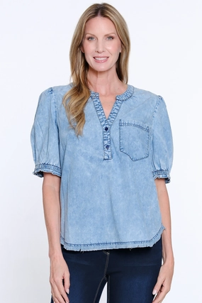 Layered Look Short Sleeve Snow Washed Henley - Medium Indigo