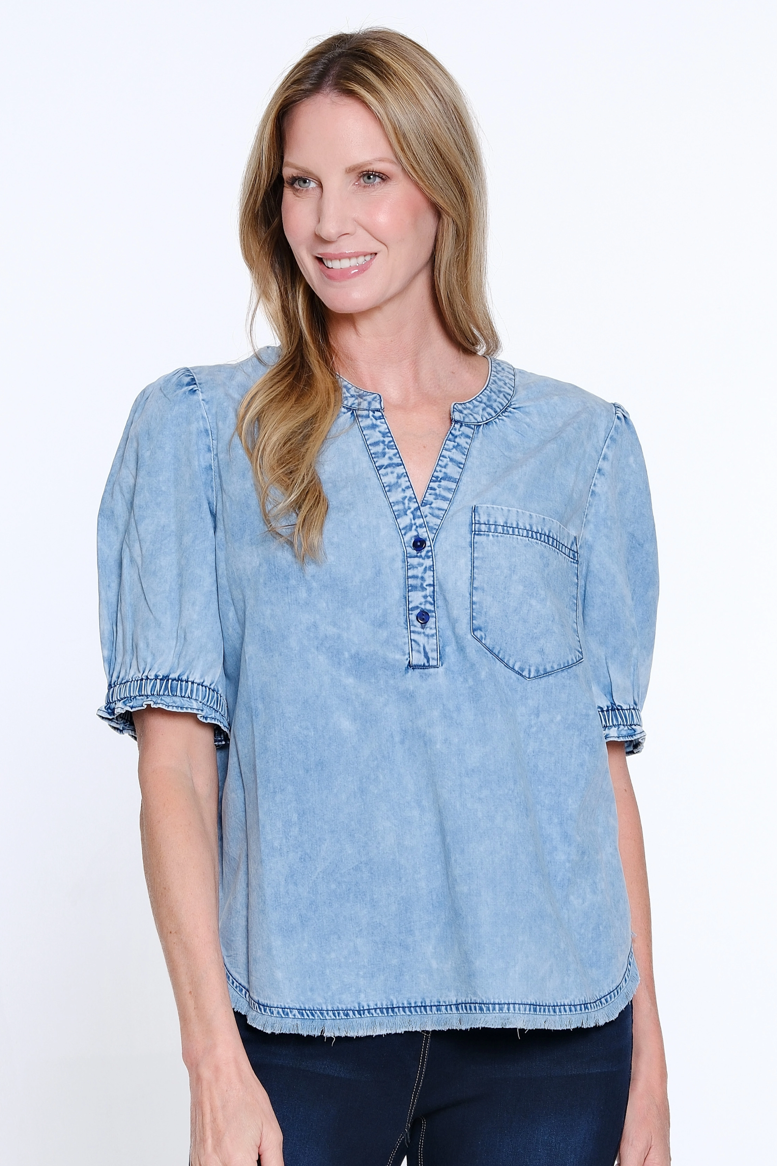 Short Sleeve Snow Washed Henley - Medium Indigo Printed top GarmentWashedFinish