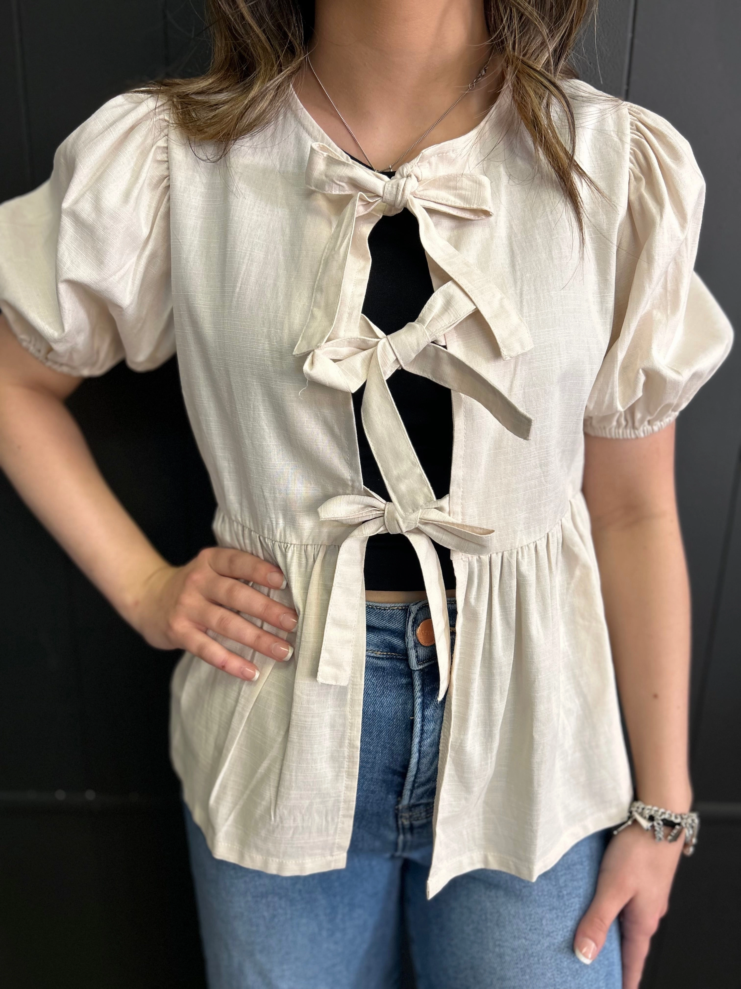 Short Sleeve Woven Front Bow Tie Top - 5 Colors* Hidden Storage Pockets