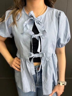 Flowy Tunic Short Sleeve Woven Front Bow Tie Top - 5 Colors*