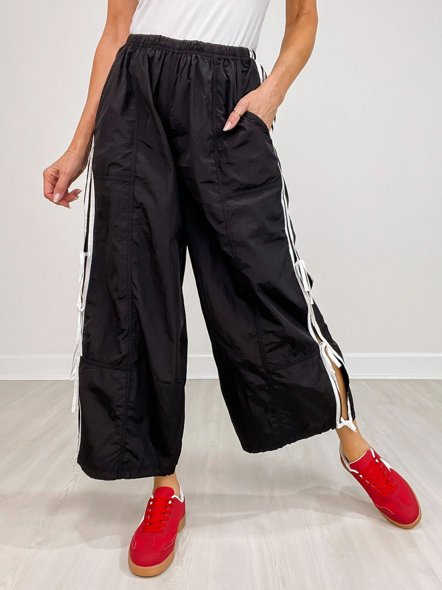 Elastic Waist Jogger Pants With Side Detail Ribbon Ties High Waist