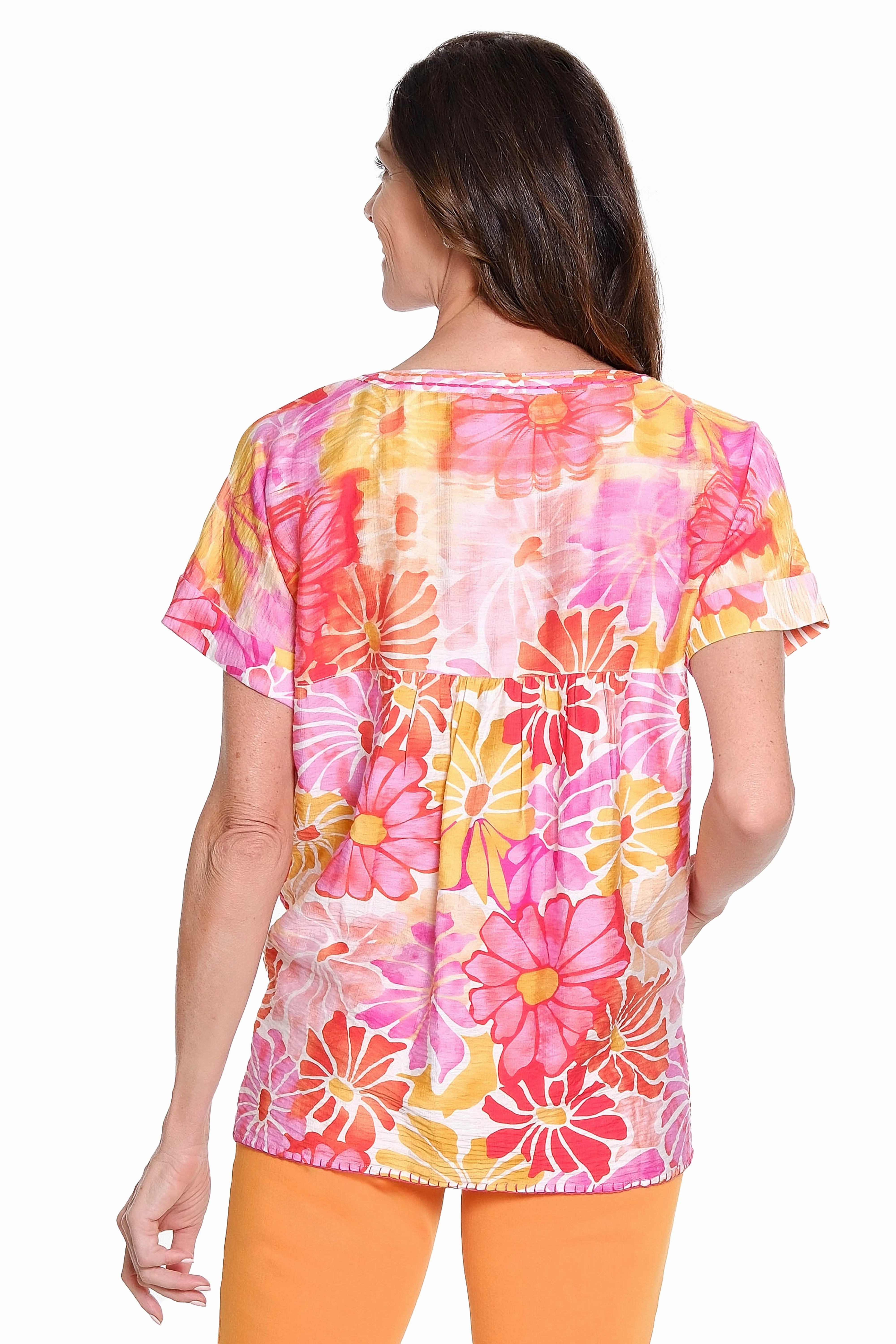 Embroidered Split Neck Top ?C Multi OversizedSilhouette Ribbed Collar Design