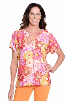 Embroidered Split Neck Top ?C Multi Temperature Control Technology