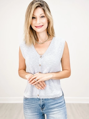 DoubleStitching Cotton Slub Lightweight Button Up Vest Sweater