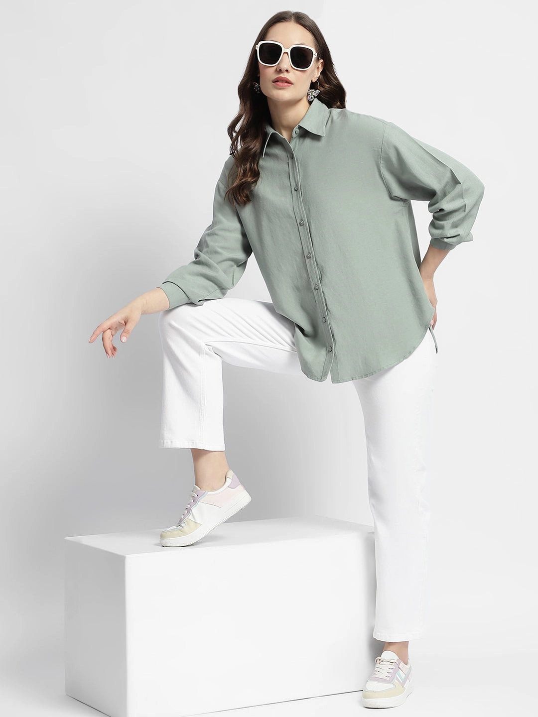 Madame Dusty Green Regular Full Sleeve Shirt Travel Friendly