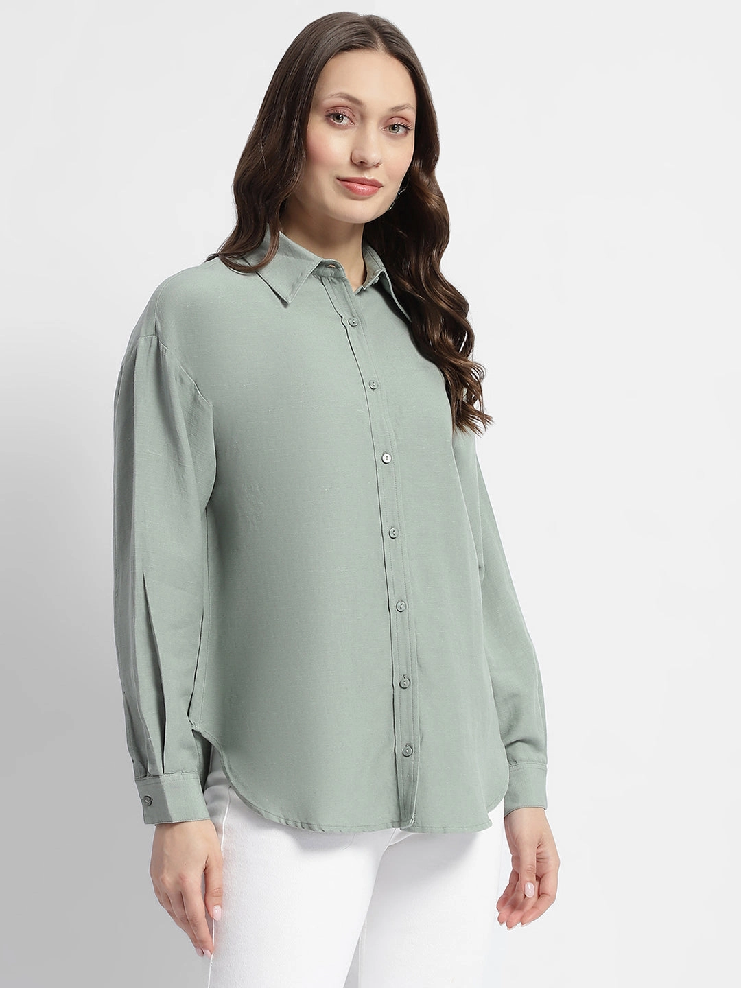 Sleek Style Flatlock stitching Madame Dusty Green Regular Full Sleeve Shirt
