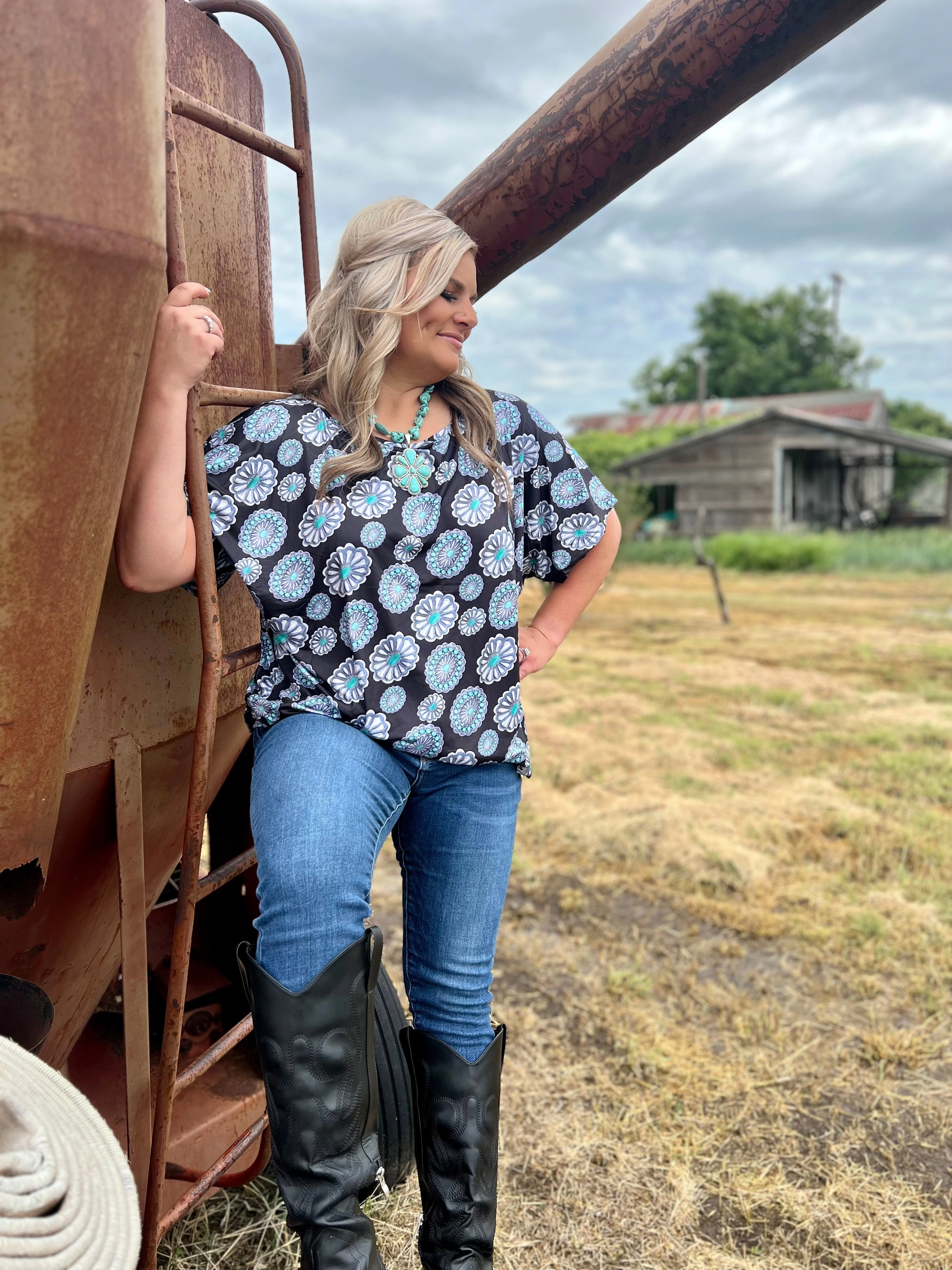 Silver City Concho Top* Stretch Knit Fabric Printed Blouse