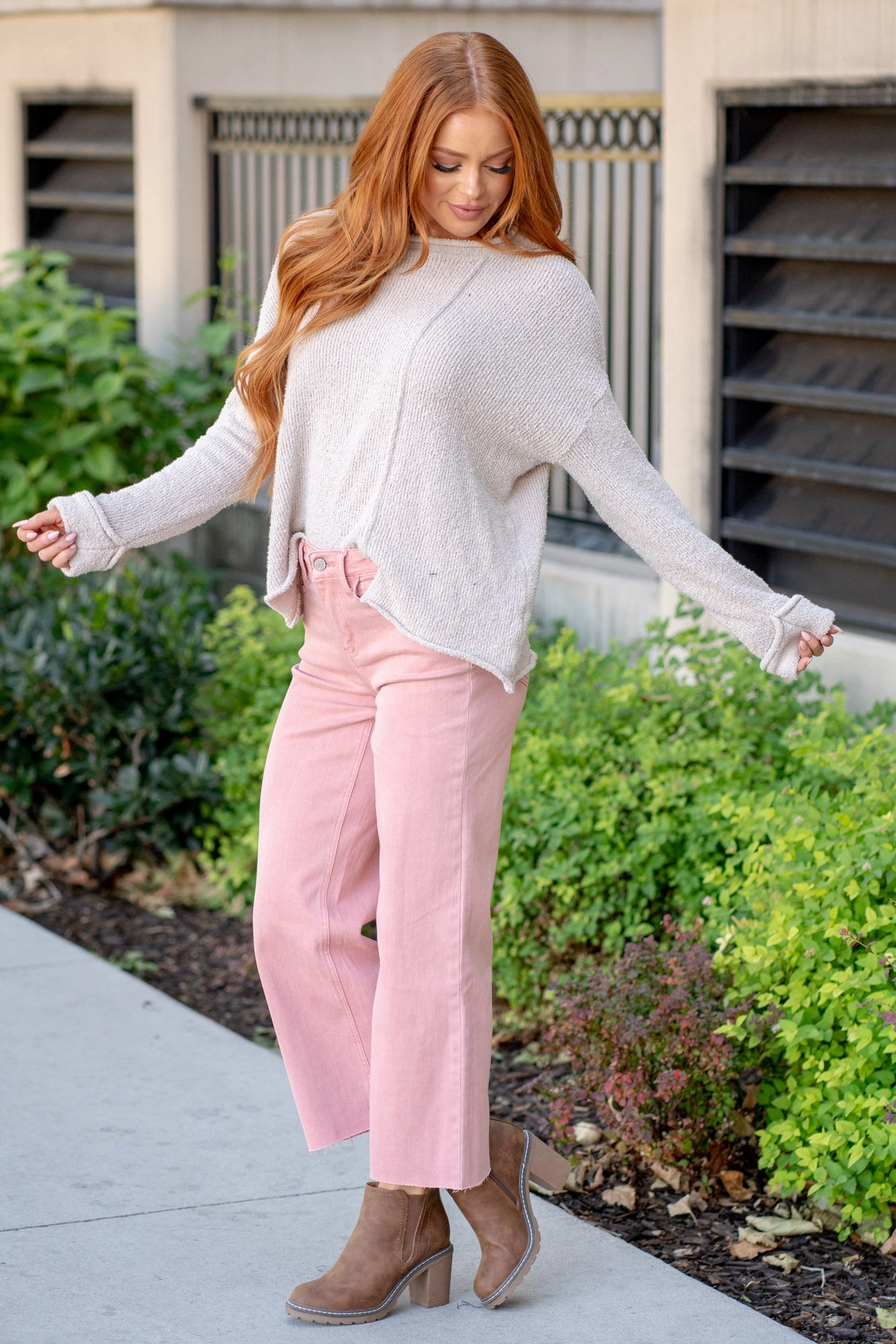 Silver Pink High Rise Crop Wide Leg Regular & Plus Sizes Comfy Waist